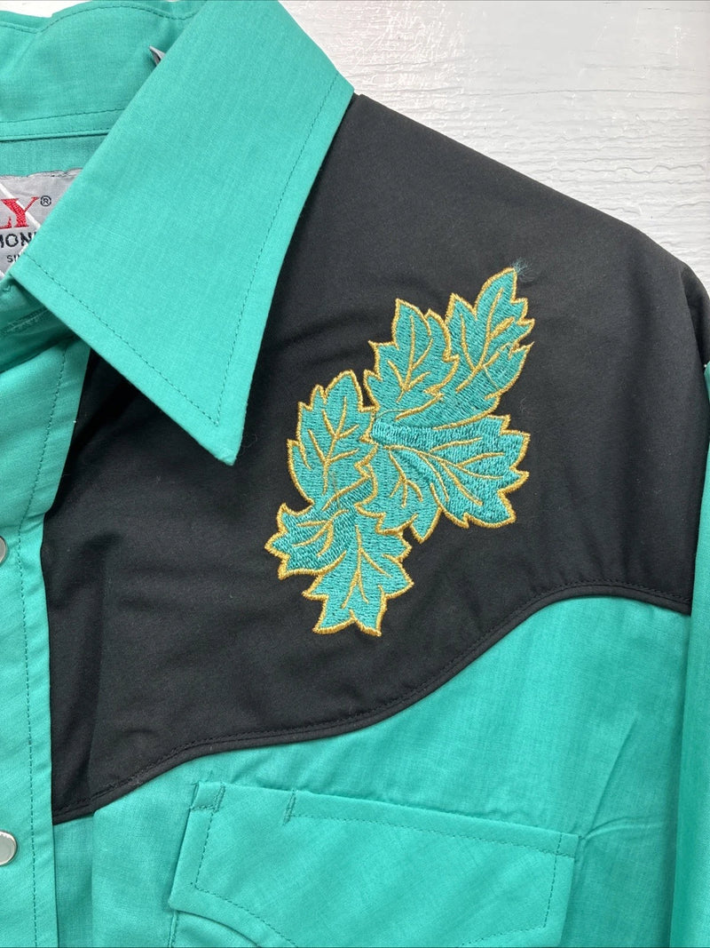 New Men’s ELY Diamond Teal Black Embroidered Long Sleeve Pearl Snap Medium K-32