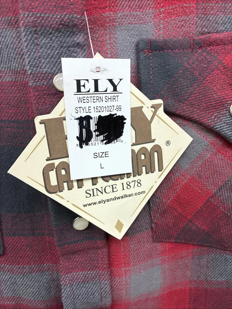 New Men’s ELY Cattleman Red Plaid Heavy Long Sleeve Pearl Snap Large CC-37