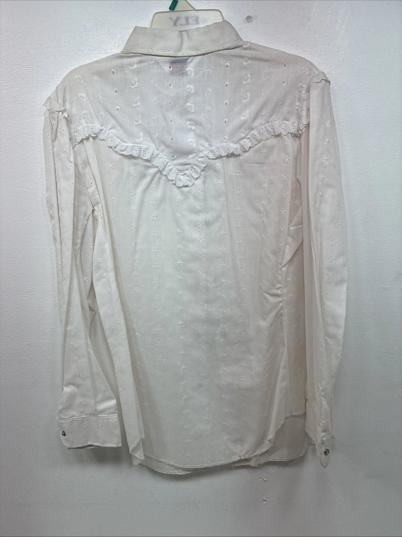 New Women’s Miss Rodeo White Deign Long Sleeve Pearl Snap 15 Large II-50