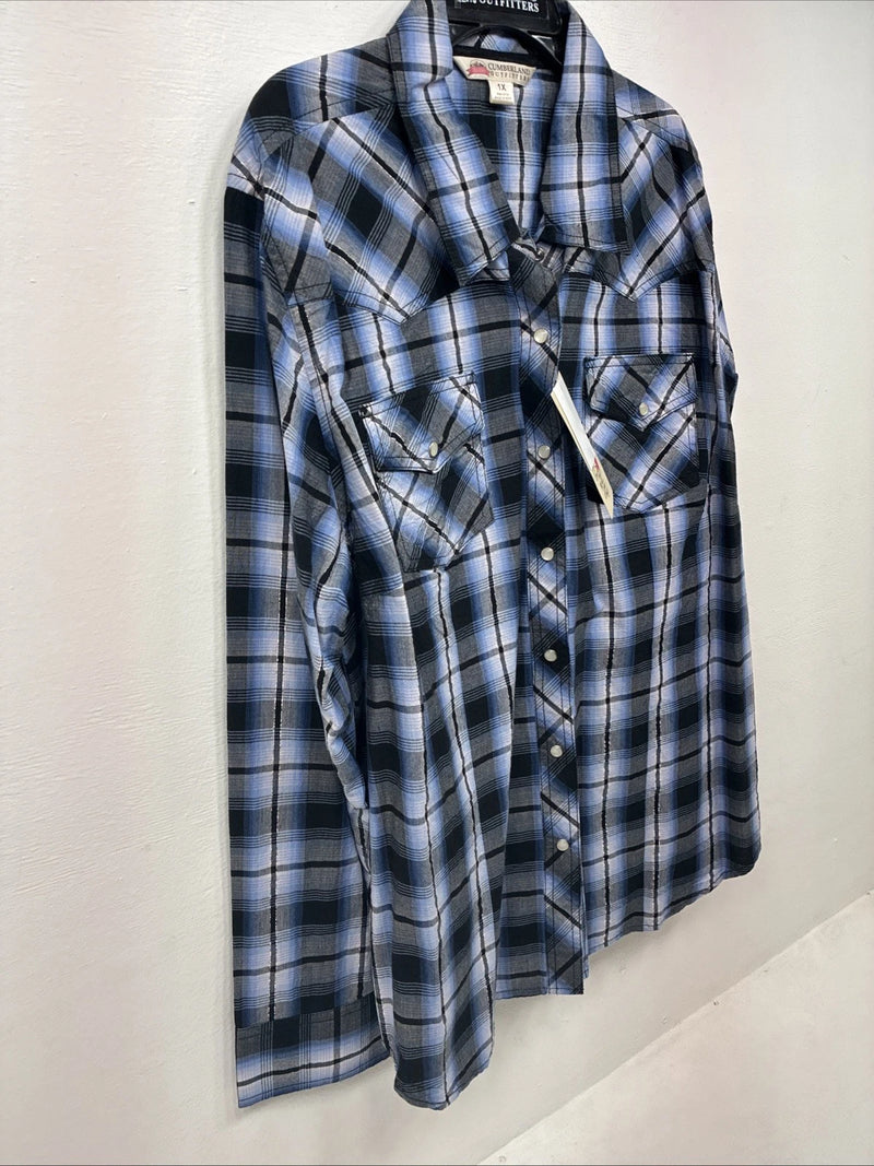 New Women’s Cumberland Blue Black Plaid Long Sleeve Pearl Snap XL GG-64