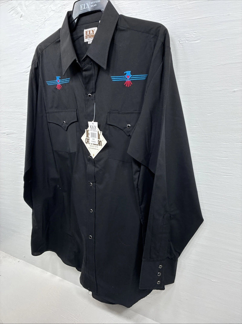 New Men’s ELY Cattleman Black Aztec Design Long Sleeve Pearl Snap XL O-67