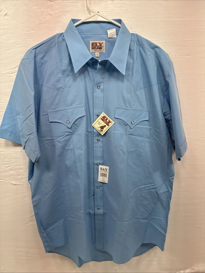 New Men’s ELY Cattleman Blue Simple Short Sleeve Pearl Snap 16.5 Large M-50