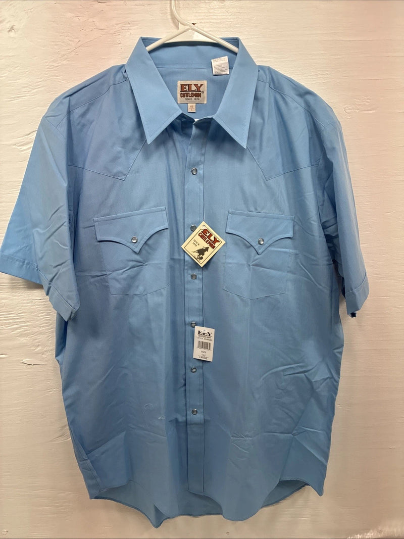New Men’s ELY Cattleman Blue Simple Short Sleeve Pearl Snap 16.5 Large M-50