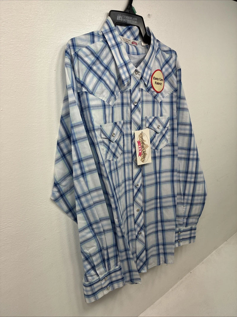 New Women’s Cumberland Blue Plaid Long Sleeve Pearl Snap XL GG-65