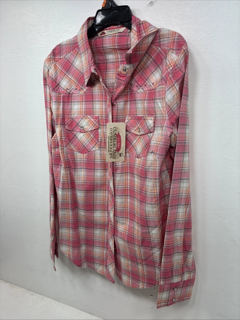 New Women’s Cumberland Pink Plaid Long Sleeve Pearl Snap Medium KK-109