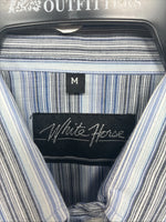 New Teens White Horse Blue Stripe Long Sleeve Pearl Snap Medium V-103