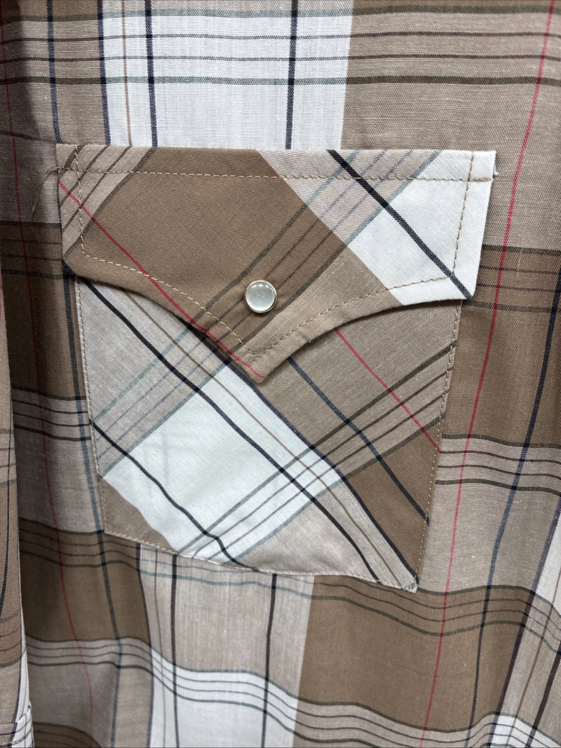 New Men’s ELY Cattleman Tan White Flannel Short Sleeve Pearl Snap 4XL E-69