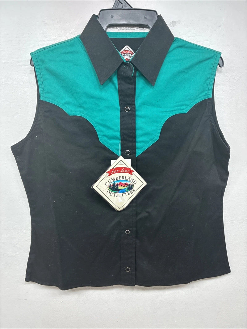 New Women’s Cumberland Black Blue Sleeveless Pearl Snap Small TT-138