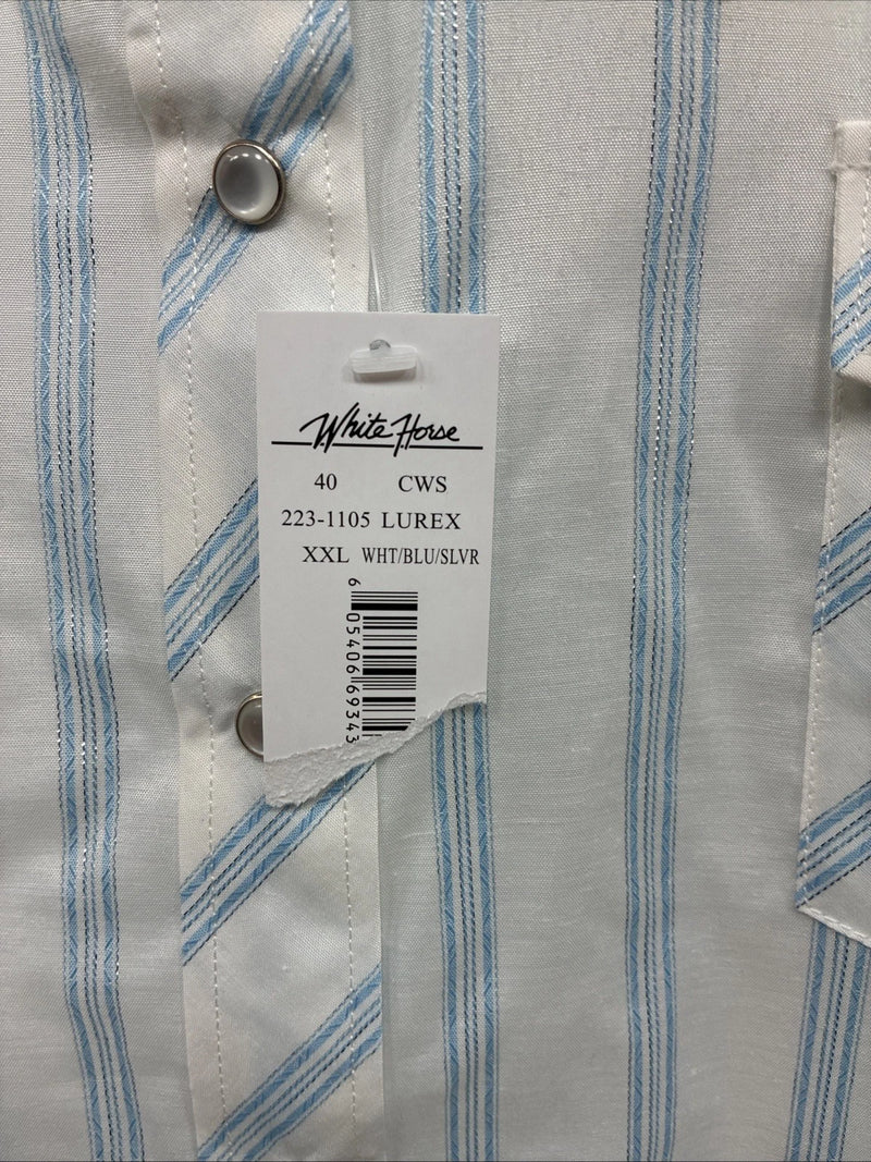 New Men’s White Horse White Blue Stripe Long Sleeve Button Up 2XL H-73