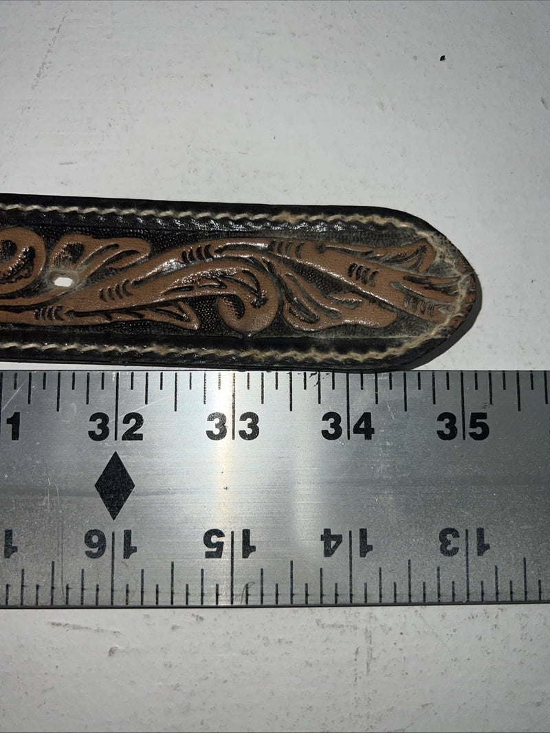 New Brown Black Perkies Hand Tooled Genuine Leather Belt 30” #7512 W-11