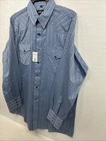 New Men’s White Horse Blue Designed Long Sleeve Pearl Snap Large CC-32