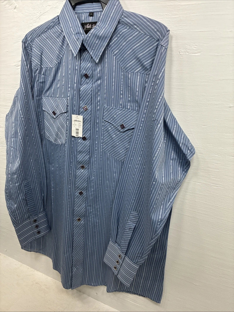 New Men’s White Horse Blue Designed Long Sleeve Pearl Snap Large CC-32