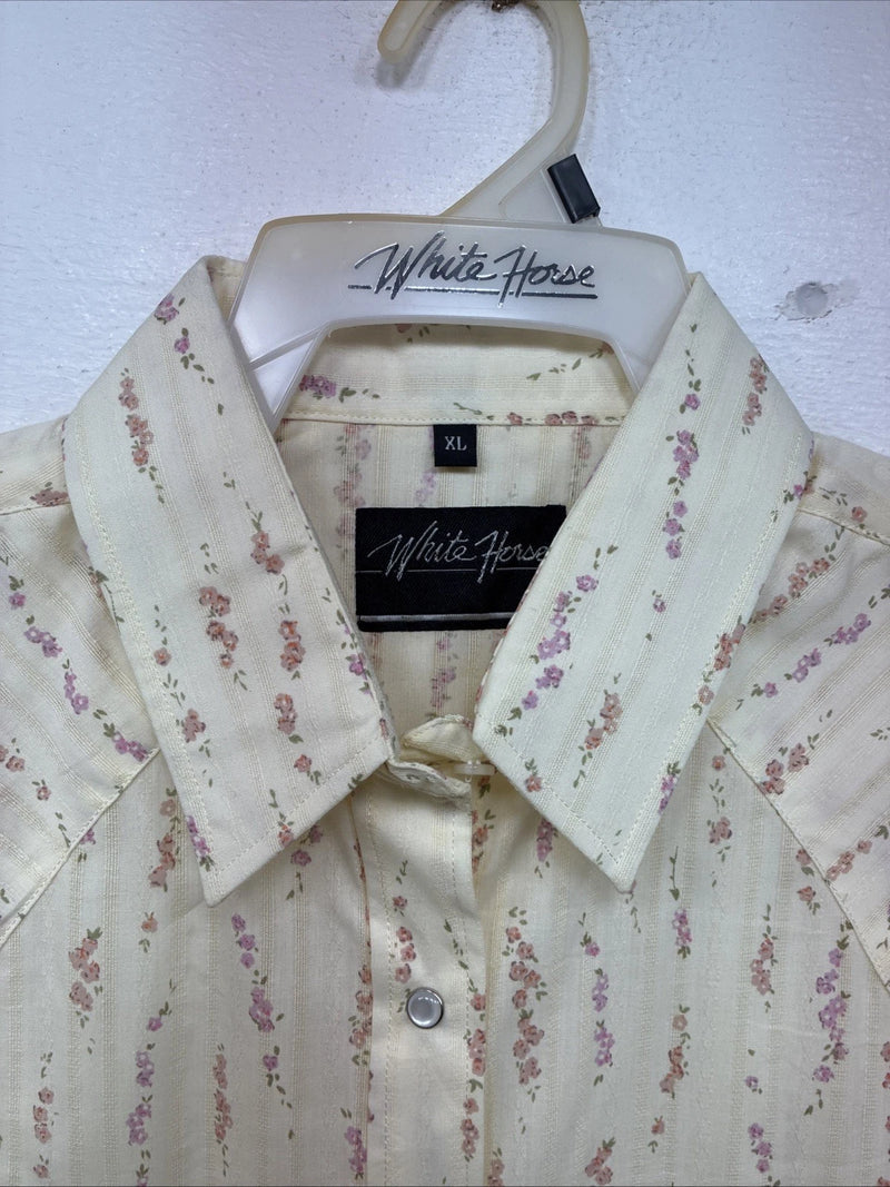 New Women’s White Horse Yellow Floral Long Sleeve Pearl Snap Size XL YY-46 