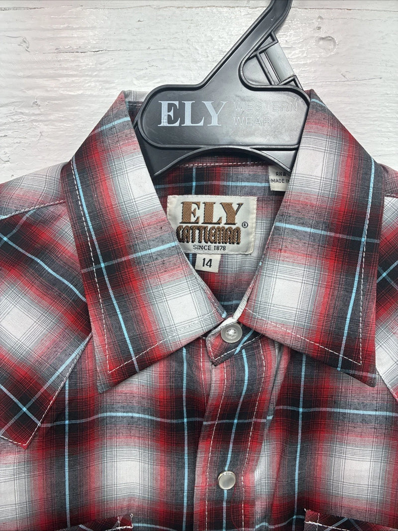 New Kids ELY Cattleman Red plaid Long Sleeve Pearl Snap Size 14 DD-41