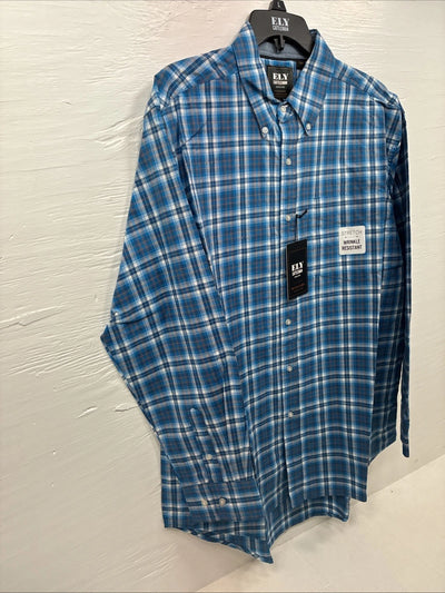 New Men’s ELY Cattleman Blue Plaid Long Sleeve Pearl Button Up Large CC-19