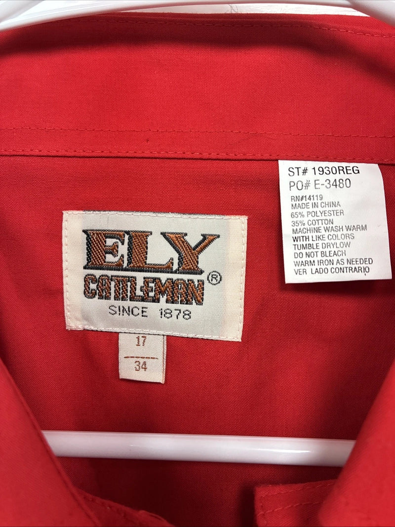 New Men’s ELY Cattleman Simple Red Long Sleeve Pearl Snap 17 X 34 XL T-3