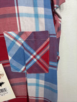 New Women’s Cumberland Red Blue Plaid short Sleeve Button Up Medium LL-51