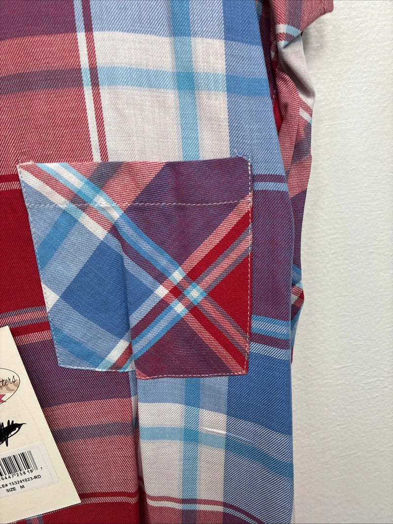 New Women’s Cumberland Red Blue Plaid short Sleeve Button Up Medium LL-51