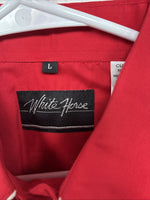 New Women’s White Horse Red Design Long Sleeve Pearl Snap Size Large YY-17