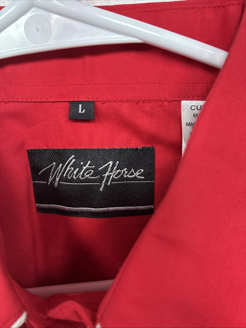 New Women’s White Horse Red Design Long Sleeve Pearl Snap Size Large YY-17