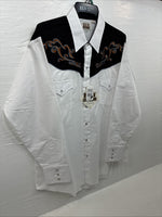 New Men’s ELY Cattleman White Black Embroidered Long Sleeve Pearl Snap XL H-65