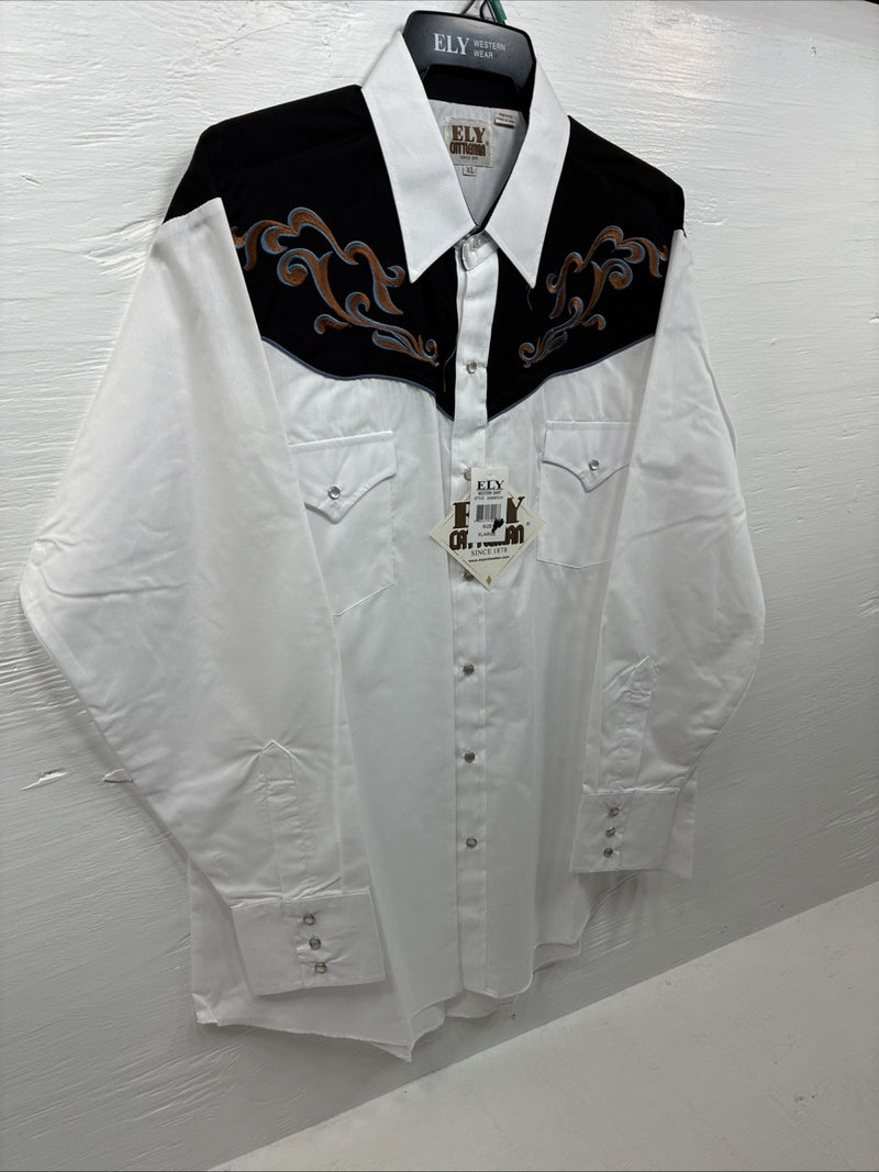 New Men’s ELY Cattleman White Black Embroidered Long Sleeve Pearl Snap XL H-65
