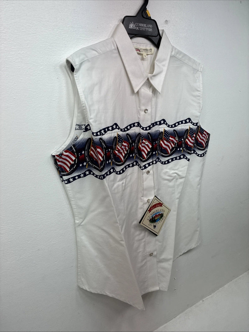 New Women’s Cumberland White Flag Design Short Sleeve Pearl Snap Large II-67
