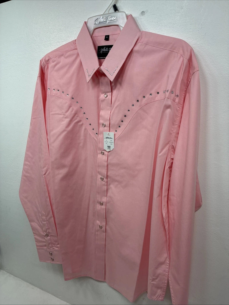 New Women’s White Horse Pink Gem Long Sleeve Pearl Snap XL GG-70