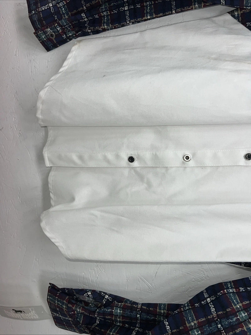 New Women’s Cowboy Threads White Navy Plaid Long Sleeve Button Up Shirt M 3B-75