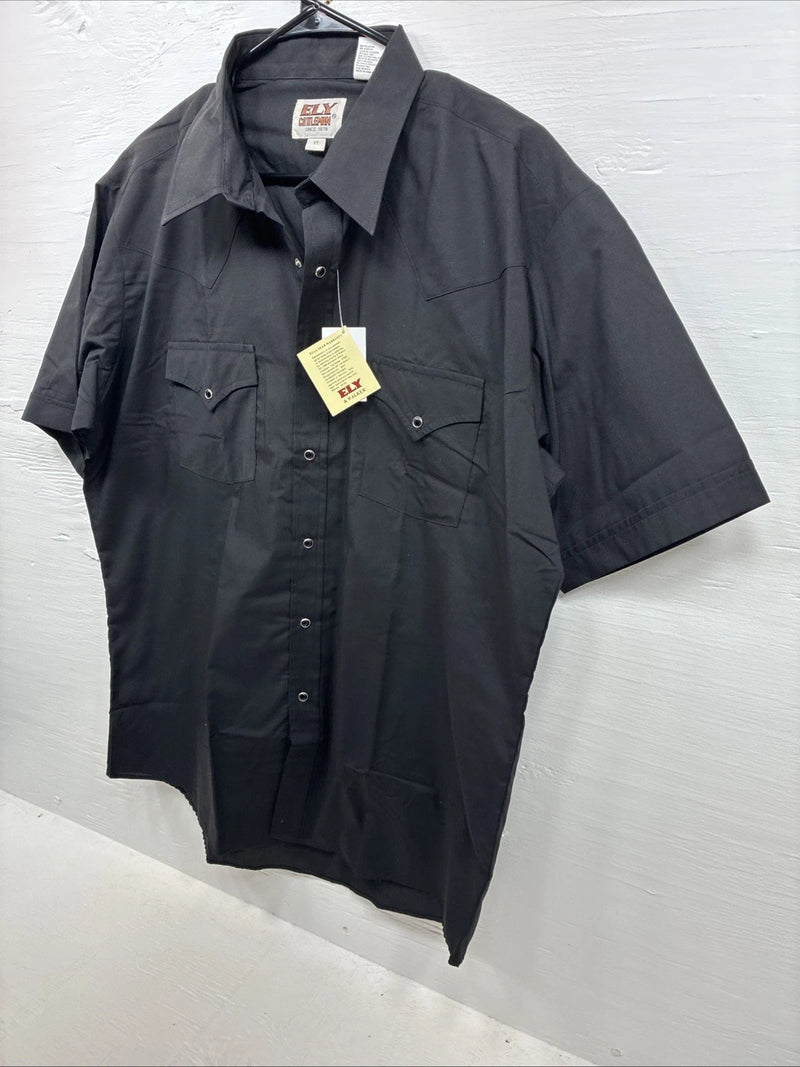 New Men’s ELY Cattleman Black Short Sleeve Pearl Snap 17 XL CC-8