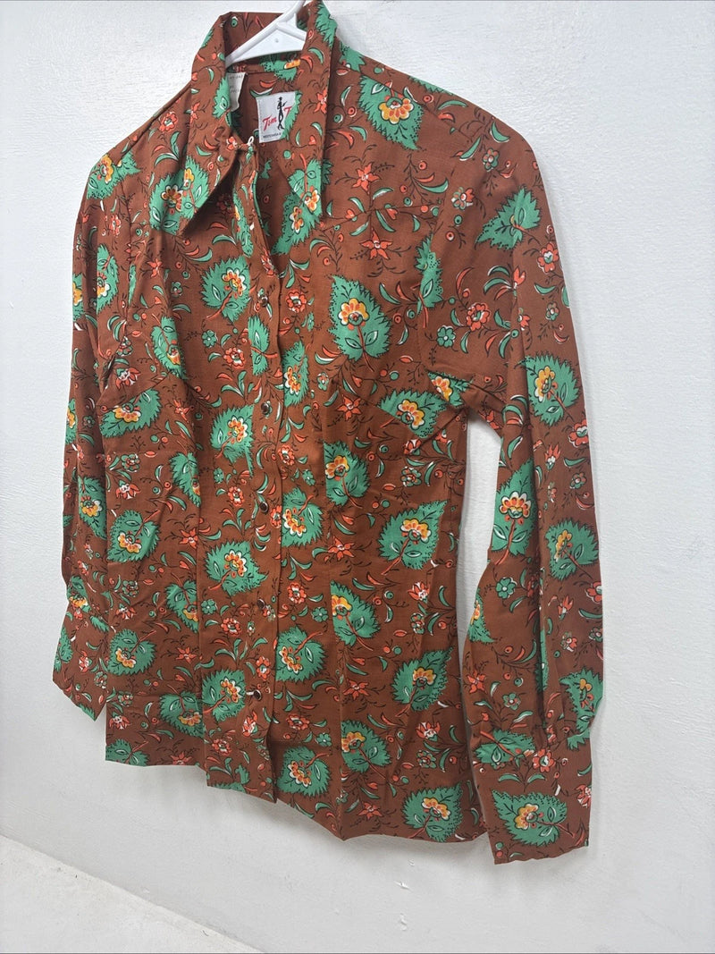 New Women’s Tem Tex Orange Floral Long Sleeve Pearl Snap Size 30 MM-105
