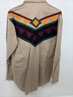 New Men’s San Angela Tan Multicolor Design Long Sleeve Button Up Medium K-74