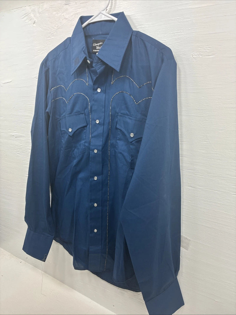 New Women’s Champion Western Blue Designed Long Sleeve Pearl Snap 16 Large T-88