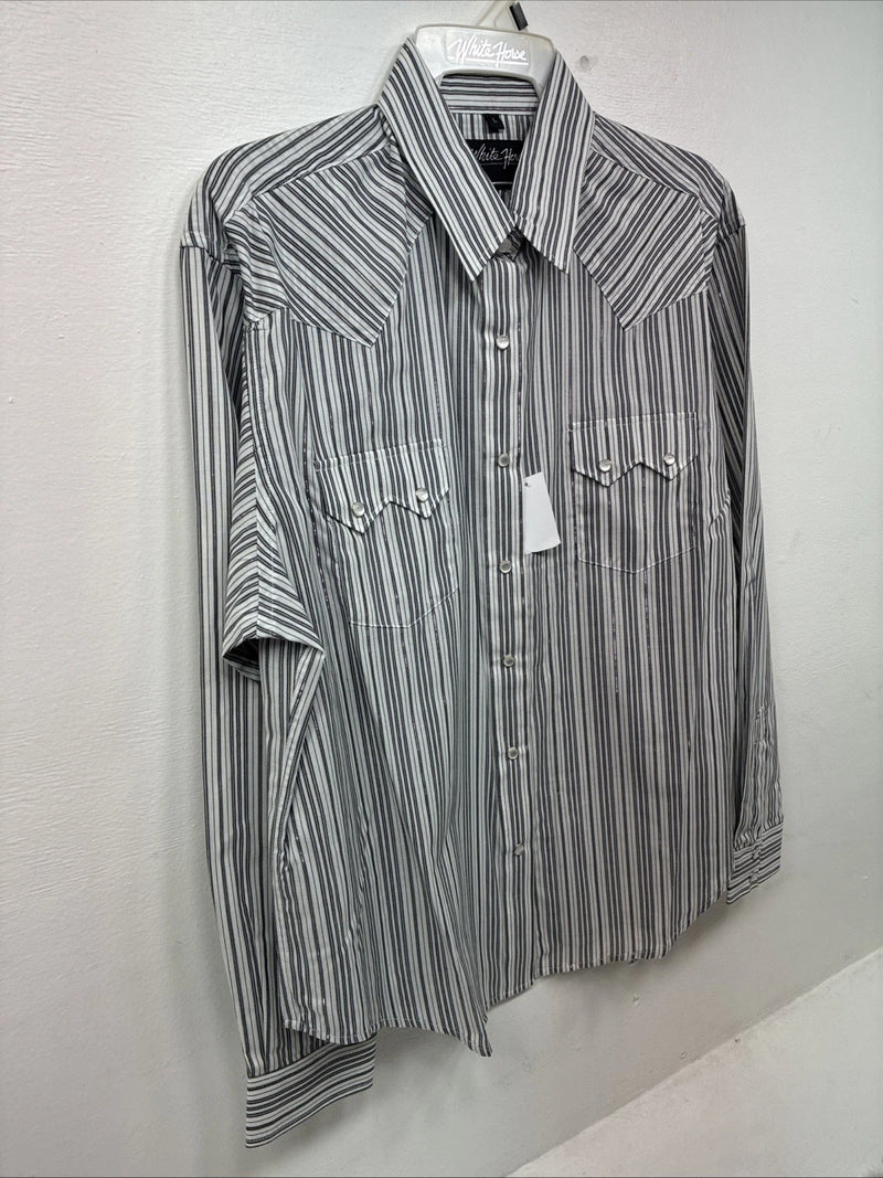 New Women’s White Horse Black Gray Stripe Long Sleeve Pearl Snap Large II-12