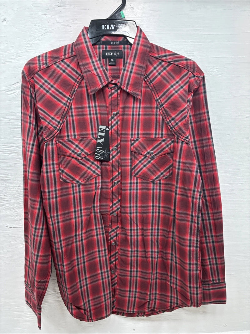New Men’s ELY 1878 Red Plaid Long Sleeve Pearl Snap XL M-53