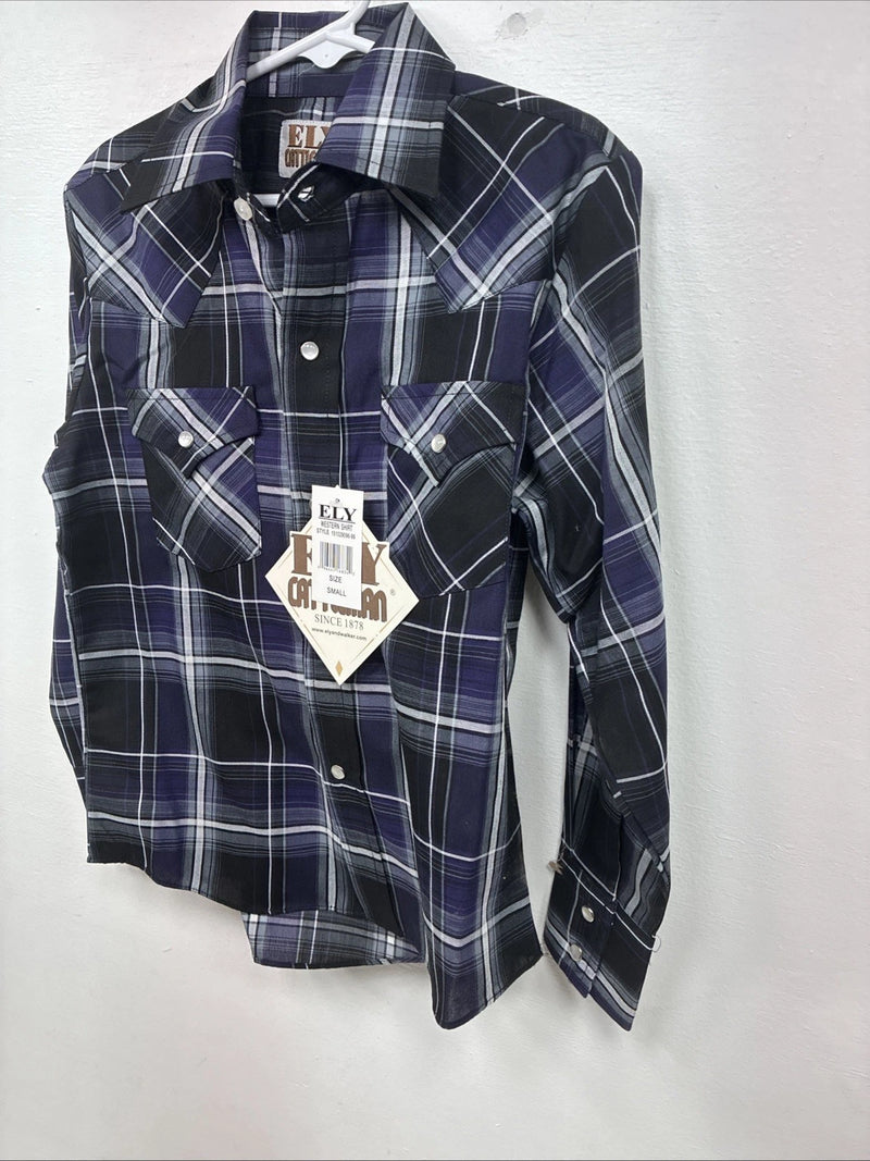 New Kids ELY Cattleman Purple Plaid Long Sleeve Pearl Snap Small LL-6