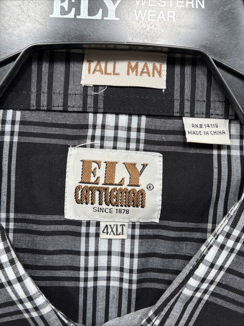 New Men’s ELY Cattleman Black White Flannel Short Sleeve Pearl Snap 4XL E-78