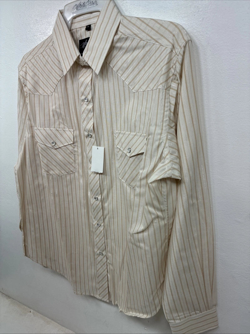 New Women’s White Horse Tan Stripe Long Sleeve Pearl Snap Medium YY-121