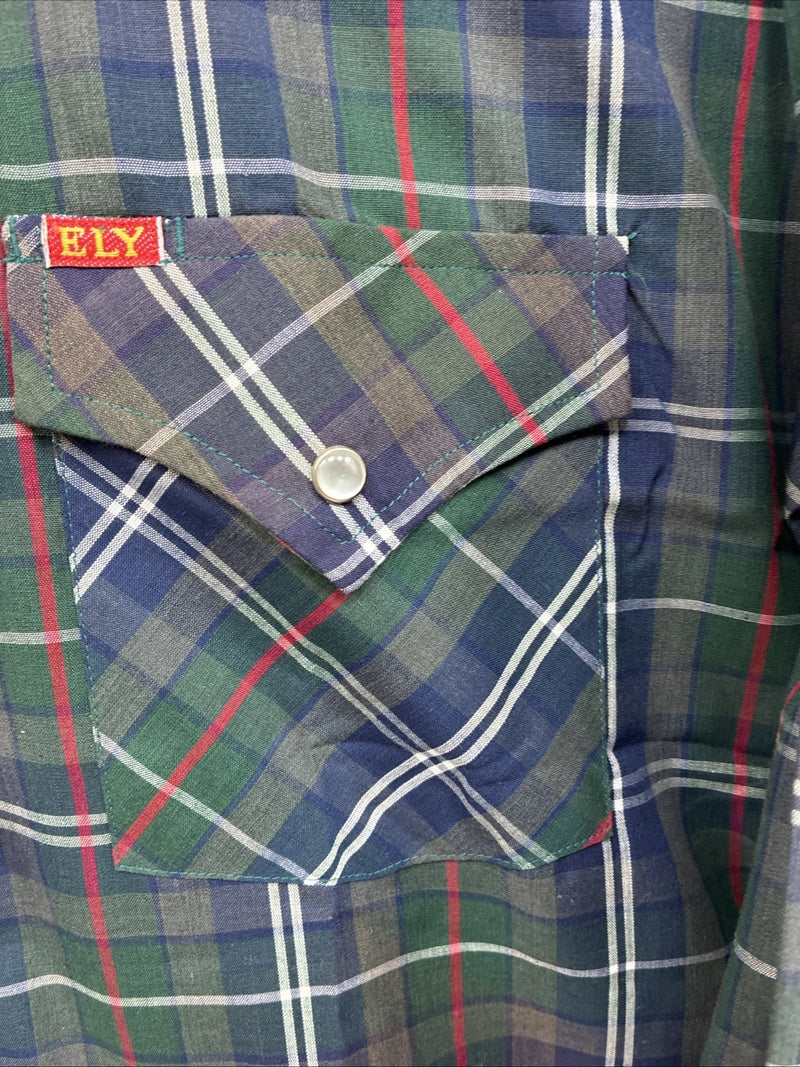 New Men’s ELY Plains Green Blue Plaid Long Sleeve Pearl Snap 16.5 Large  AA-12