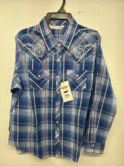 New Women’s Cumberland Blue Purple Plaid Long Sleeve Pearl Snap Medium KK-96