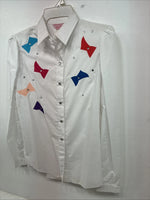 New Women’s H Bar C White Design Long Sleeve Pearl Snap Size 12 KK-108