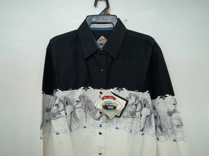 New Women’s White Black Cumberland Outfitters Long Sleeve Button Up M 3B-85