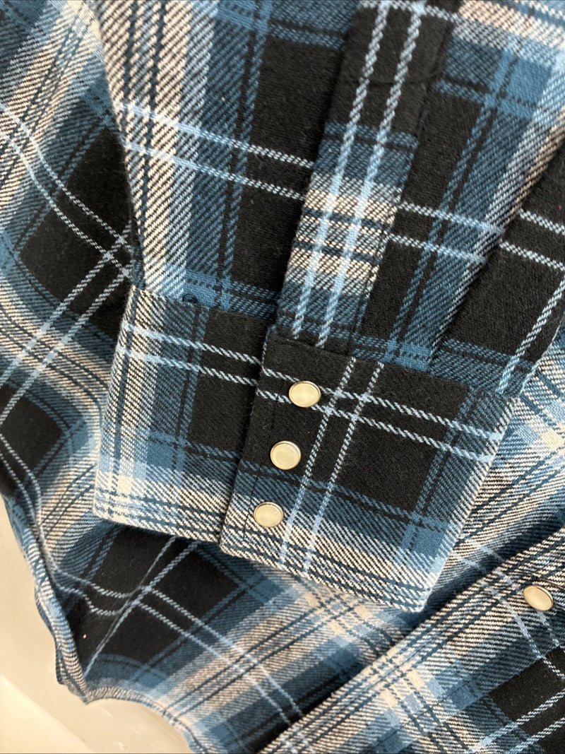 New Men’s ELY Cattleman Blue Black Plaid Long Sleeve Pearl Snap XL O-56