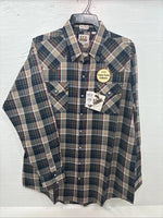 New Men’s ELY Cattleman Brown Blue Plaid Long Sleeve Pearl Snap XLT R-44