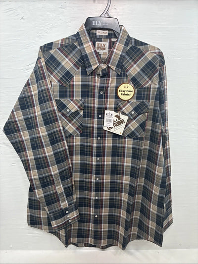New Men’s ELY Cattleman Brown Blue Plaid Long Sleeve Pearl Snap XLT R-44