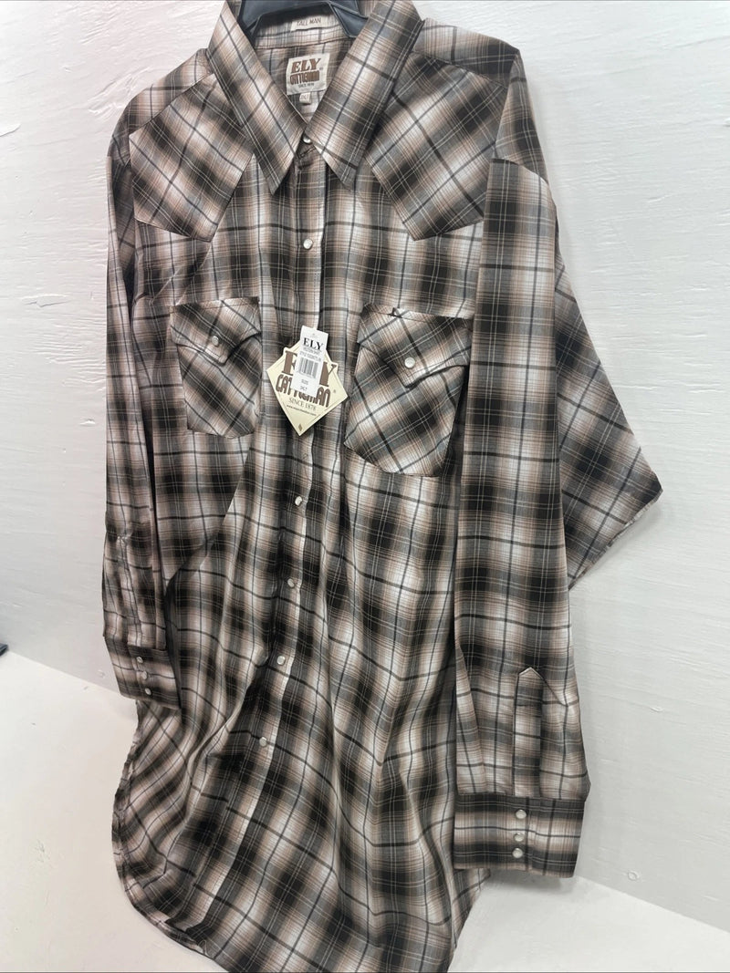 New Men’s ELY Cattleman Brown Long Sleeve Pearl Snap 3XL E-22