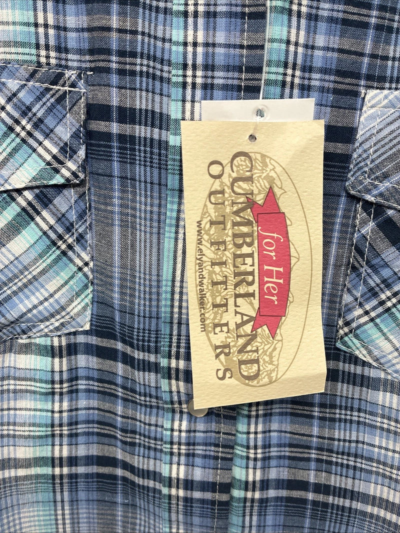 New Women’s Cumberland Blue Plaid Long Sleeve Pearl Snap 2XL GG-44