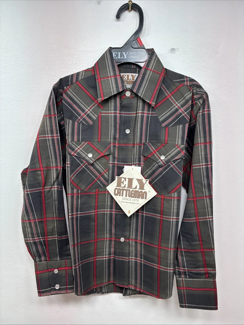 New Kids ELY Cattleman Green Plaid Long Sleeve Pearl Snap Small DD-127