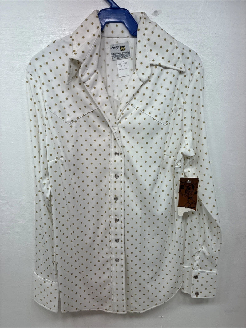 New Women’s Lady DJ White Brown Polkadot Long Sleeve Pearl Snap Size 34 YY-114