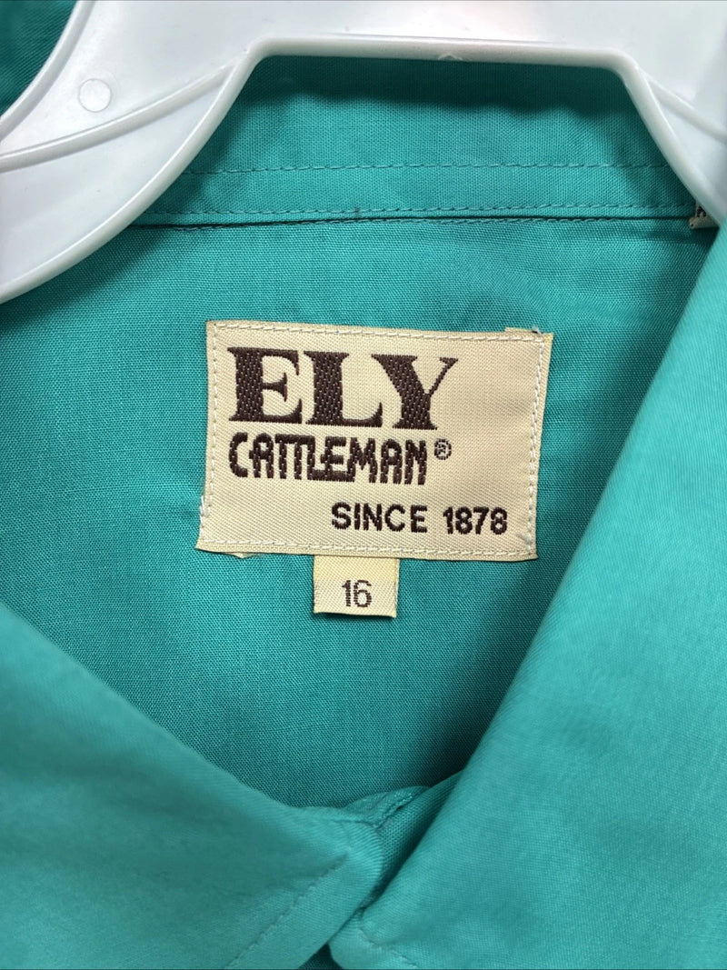 New Men’s ELY Cattleman Teal Short Sleeve Pearl Snap 16 Large AA-109